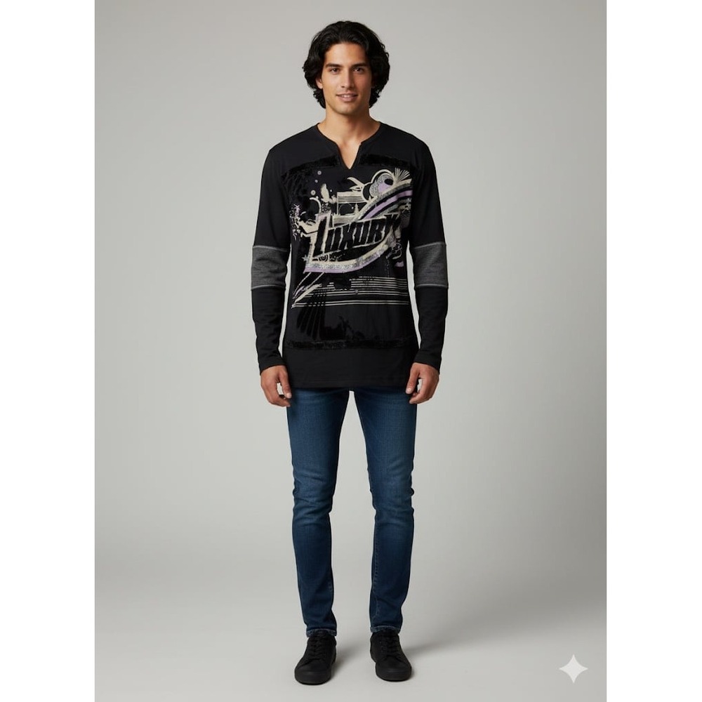 Custo Barcelona long sleeve art abstract mixed texture graphic top unisex medium